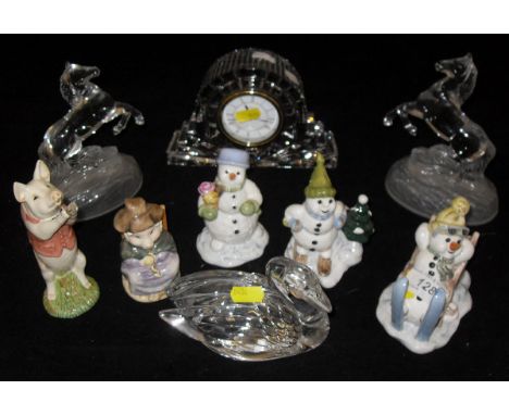A small selection of glass and china wares to include decorative glass ornaments, Beswick figure "Matthew PP2", Goebel figure