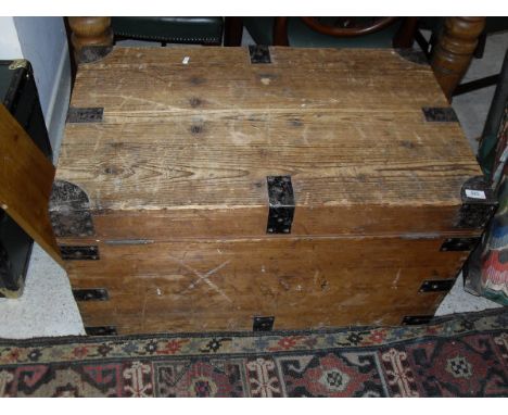 A Victorian iron bound pine trunk, together with an oak side table with barley twist supports and an oak framed stool CONDITI