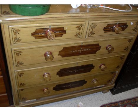 A painted Victorian chest of drawers, the plain top above two short and three long drawers with turned knob handles, raised o