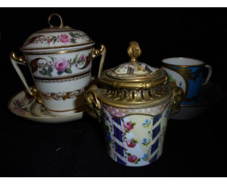 An 18th Century Sèvres gilt brass and porcelain inkwell, together with a Sèvres bleu-celeste and gilt decorated coffee can an