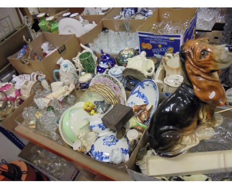Nine boxes of assorted sundry china and glassware to include various wines, a Wade Scotch and Sherry barrel, various commemor
