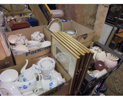 Four boxes of assorted dinner and tea wares to include Royal Worcester "Evesham", Johnson Brothers "Indian Tree", Wedgwood "C