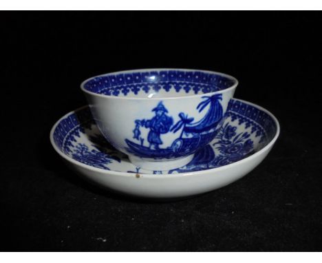 An 18th Century Worcester 'Fisherman with fish on a punt' tea bowl and saucer bearing blue crescent mark to base, circa 1765 
