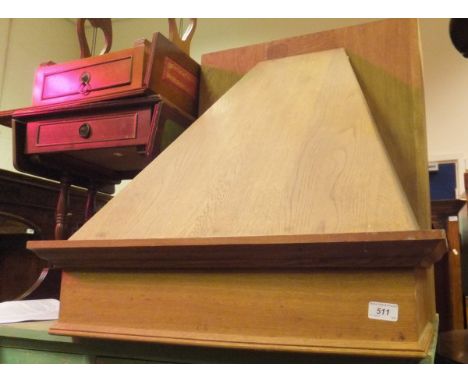 An oak extractor fan cover, an Eastern hardwood square topped iron bound coffee table on four turned legs, two mahogany sofa 