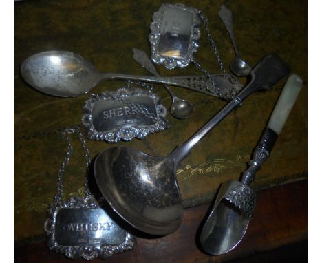 Three various silver bottle tags including "Gin", "Whisky" and "Sherry", a mother of pearl handled silver sugar scoop, two sa