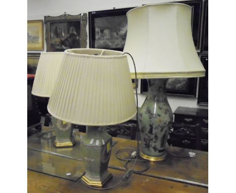 A pair of modern Chinese style green ground table lamps with gilt bases, together with a similar decoupage style green ground