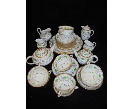 A New Chelsea "Nell Gwyn" pattern part tea service comprising tea pot, cream jug, milk jug, sugar bowl, cups and saucers and 