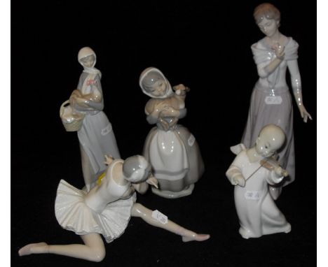 A Nao figure of girl carrying lamb, Lladro figure of seated ballerina, Lladro figure of lady in lilac dress smelling flower, 