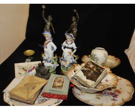 Two Staffordshire flatback style figures of girl and boy with sheep and dog, Crown Devon ginger jar, various miscellaneous ch