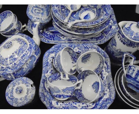 A collection of blue and white Copeland Spode's Italian china wares including cups, saucers, tea wares, toast rack, water jug