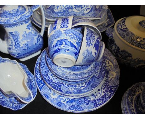 A collection of Copeland Spode's Italian blue and white wares to include tureen and cover, coffee pot, cups and saucers, plat