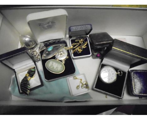 A quantity of various costume jewellery to include brooches, Tiffany sterling silver pomander, pocket watch, earrings and stu