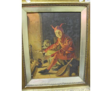 FRED H LEWIS "Jester with lute and dog by a fire", oil on canvas, signed bottom right