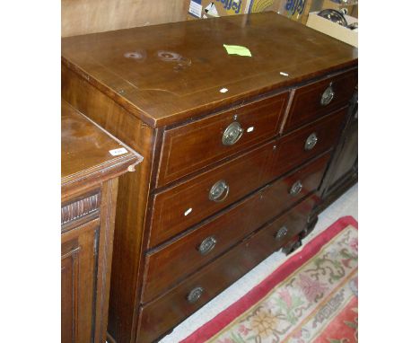 A Victorian mahogany and inlaid square front chest of drawers, the plain top above two short and three long graduated drawers