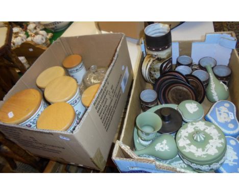 Two boxes of china to include Portmeirion "Variations by Susan Williams-Ellis" kitchen storage jars, various Wedgwood green J