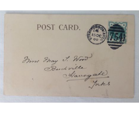 Postcard posted 1900 with Stratford of Avon post mark with a clean strike duplex mark. Scene from Romeo & Juliet.