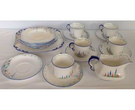 Carlton china handpainted part tea set consisting of a Sandwich plate, 4 tea plates. 6 saucers. 5 cups, & a milk jug. c1920/3