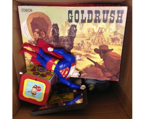 A box of vintage toys & games to include a 1968 Mattel tinplate Jack in the music box.