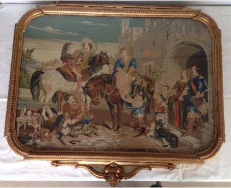 A large late 19th century gilt framed & glazed tapestry of a 17th century courtyard scene. 78 x 88cm.