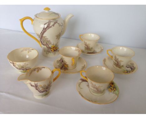 Shelley coffee set comprising of coffee pot, cream jug, sugar bowl &amp; 4 cups &amp; saucers. c1933 Perth shape.