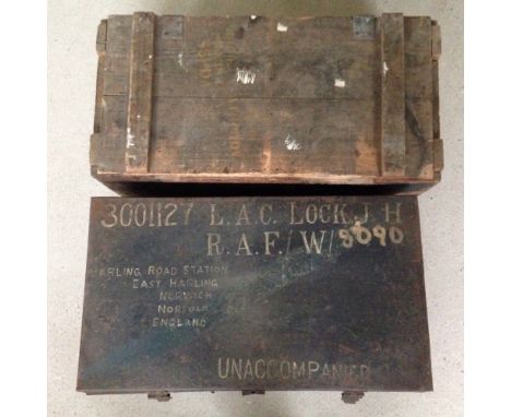 A vintage RAF military tin trunk with a military 144 signals aircraft wooden box.