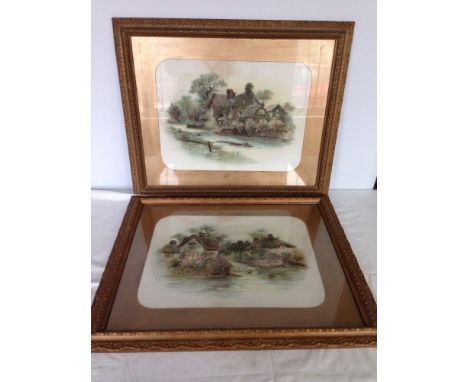 2 large framed &amp; glazed Victorian colour prints of cottages - Spade Oak Ferry (near Marlow on Thames) &amp; Bletchington 