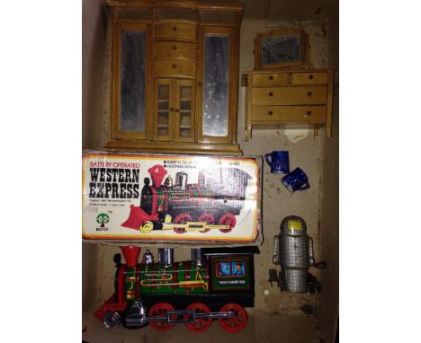 Tinplate battery operated Western Express train by Botoy together with a tinplate wind-up robot. 2 pieces of vintage dolls ho