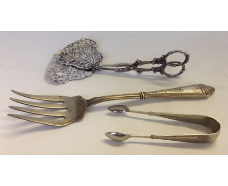 3 silver items to include sugar tongs, silver handled serving fork and asparagus tongs (a/f)