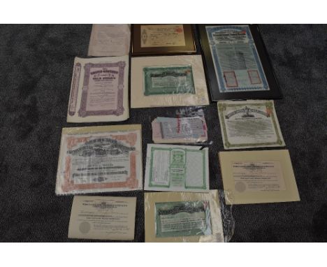A collection of Share Certificates for Asia including Malaya, China, The South Eastern Gold Mining also USA seen along with B