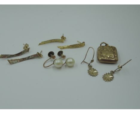 Three pairs of 9ct gold stud and loop earrings including woven drop and star cut panels, a pair of screw back cultured pearl 