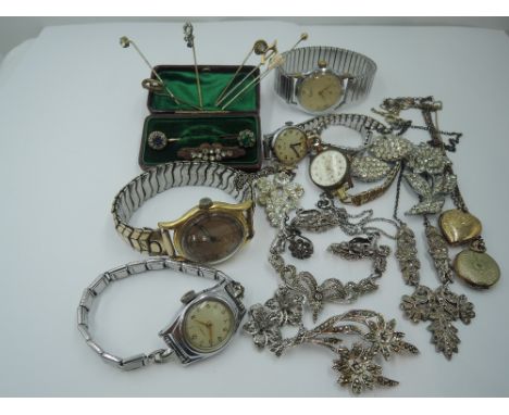 A selection of vintage costume jewellery including wrist watches, marcasite jewellery, diamante, stick pins, rolled gold lock