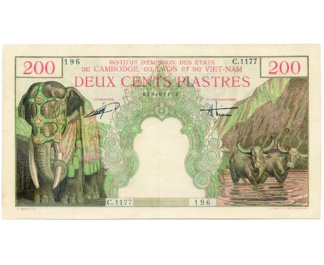 BANKNOTES, 紙鈔, FRENCH INDO-CHINA, 法屬印度支那, Institut d’Emission des Etats du Cambodge, du Laos et du Vietnam: 200-Piastres (200