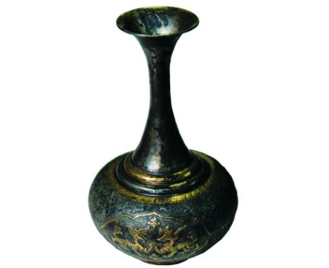 CHINA – ANCIENT中國 - 古代, Miscellaneous 雜項: Silver Flask with Long Neck 長頸銀瓶, decorated with gilt rings and three panels of gil