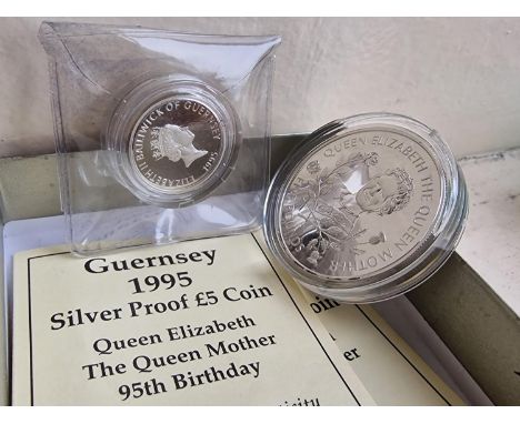 Pair of Silver Proof Guernsey 1995 Queen Elizabeth Queen Mother Coins