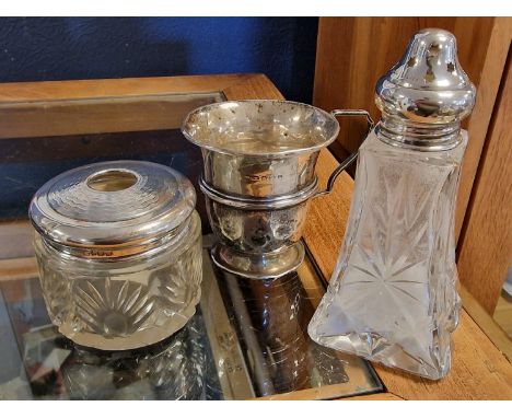 Hallmarked Silver Topped Cut Glass Sugar Shaker, Cut Glass Jar and an Early Child's Tankard - total silver content 66g