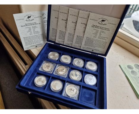 Cased Collection of 11 Silver Proof Australian Kookaburra and Kangaroo Coins - approx 300g