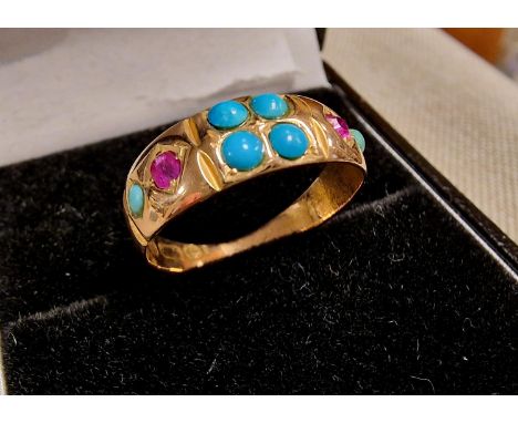 Antique 15ct Gold Turquoise and Ruby Ring, size K