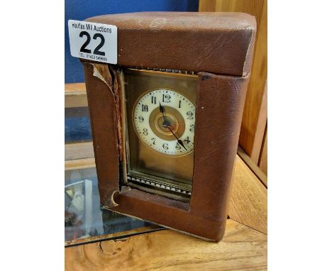 Antique French Carriage Clock with Leather and Velvet Case with Key - marked '358 15/3/15' inside door indicating service, 15