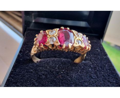 18ct Gold, Ruby and Diamond Dress Ring, 4.5g and size Q+0.5