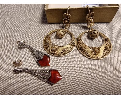 Vintage Filagree Earrings + Art-Deco Silver and Red Amber Earrings - poss w/diamonds - test is inconclusive