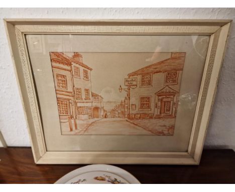 Interesting Red &amp; White Pencil Sketch of the Black Bull Hotel, , by a C. Marc Minton