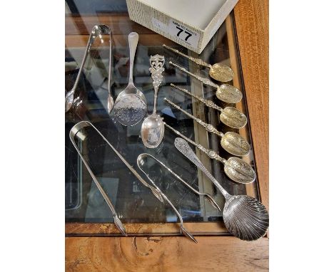 Good Collection of Various Hallmarked Silver Sugar Tongs, Spoons and Gold Plated HM Silver Spoons, inc Wakely &amp; Wheeler o