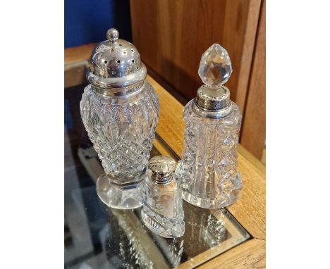 Trio of Hallmarked Silver (Sheffield and London) Topped Scent Bottles and Sugar Shakers 