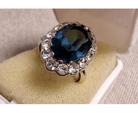 925 Silver and White + Blue Stones Dres Ring - size N, Princess Diana Style