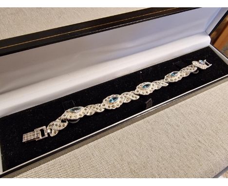 Hallmarked Silver, Marcasite and Blue Topaz Vintage Bracelet - 25.3g