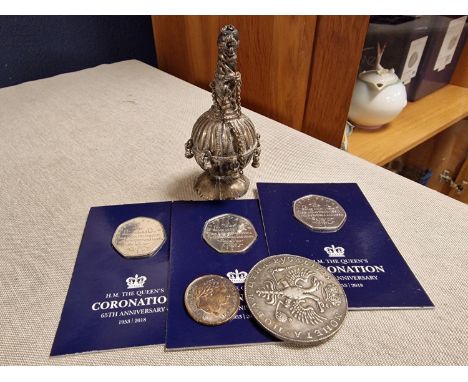 Catherine 1st Russian Rouble Coin, plus Commemorative 50ps and an Antique Silver Scent Bottle