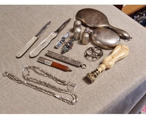 Great Collection of Antique Silver Collectables inc Pen Knives, Miniature Mirror, Scent Bottle, Art Deco Brooches, Pencil Hol