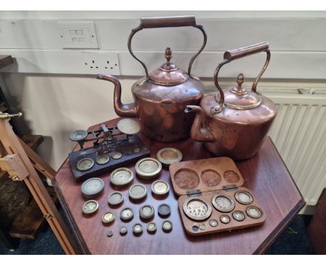 Collection of Brass Weighing Scales and Weights + Copper Kettle