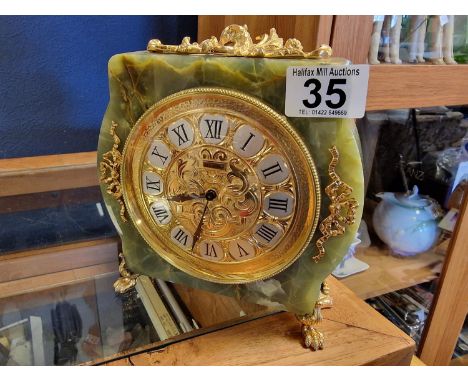 Green Onyx &amp; Gilded Vintage Mantel Clock by Swiss Maker Elsinor