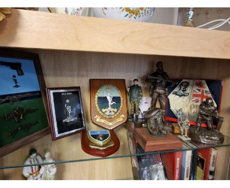 Good Collection (entire shelf) of Military Army Signal Corps Regiment and Other WWII and Later Collectables, Plaques and Figu